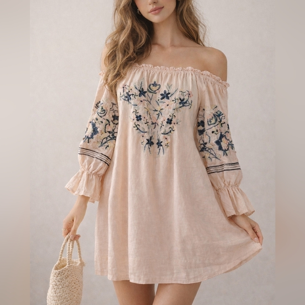 FREE PEOPLE Floral Embroidered Peasant Off The Shoulder Mini Dress, Size S